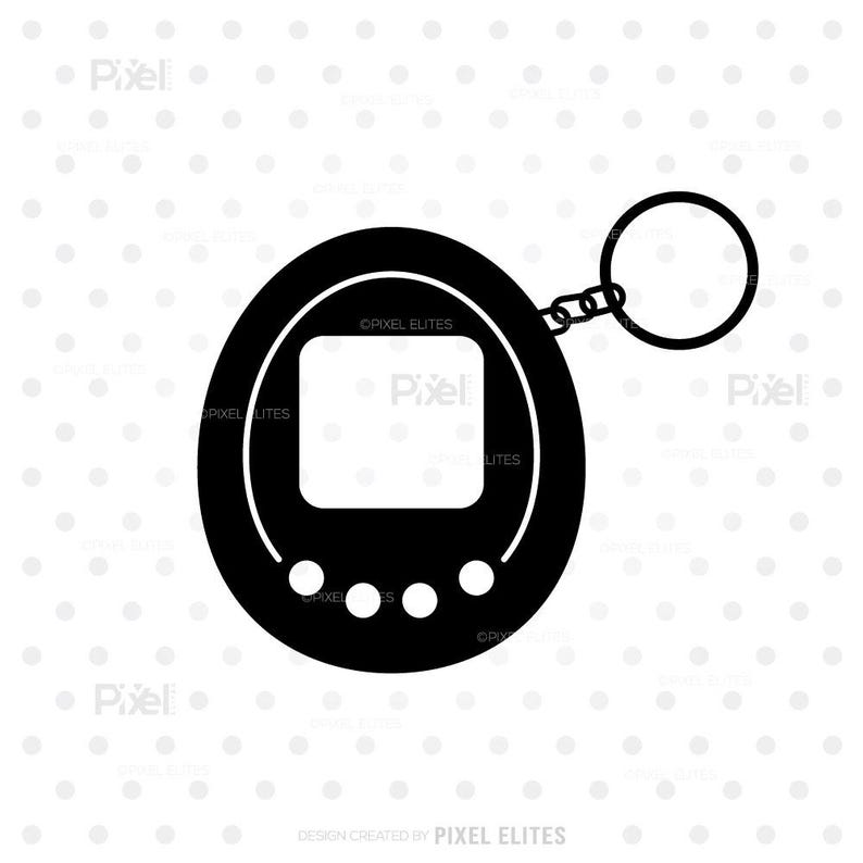 May include: Black silhouette of a retro handheld digital pet game. The device has an oval shape with a square screen, three buttons, and a keyring attachment. The design is simple and iconic, perfect for a nostalgic accessory.