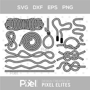 May include: Black and white vector illustrations of various rope designs, including coils, knots, and straight lines. The image includes the text "SVG DXF EPS PNG" at the top and "DESIGN CREATED BY PIXEL ELITES" at the bottom.