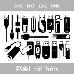 Peut inclure: Illustrations numériques en noir et blanc de clés USB, câbles et connecteurs. Le texte "SVG DXF EPS PNG" et "DESIGN CREATED BY PIXEL ELITES" est également inclus dans l'image.