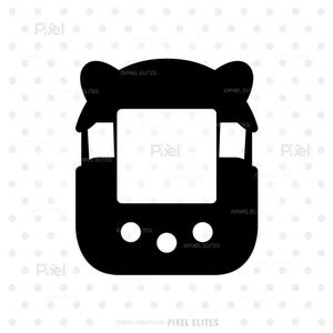 May include: A black and white illustration of a retro handheld digital pet game. The device has a rectangular screen, three circular buttons, and a bear-like top. The design is simple and graphic.