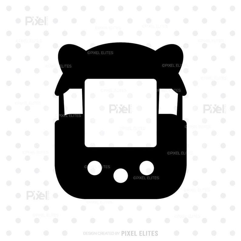 May include: A black and white illustration of a retro handheld digital pet game. The device has a rectangular screen, three circular buttons, and a bear-like top. The design is simple and graphic.