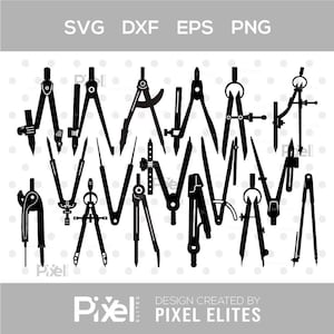 May include: A collection of black compasses in various designs, with the text "SVG DXF EPS PNG" at the top. The design is created by Pixel Elites, as indicated at the bottom of the image.