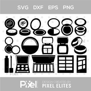 Puede incluir: Gráfico vectorial en blanco y negro de varios artículos de maquillaje, incluyendo polveras, paletas de sombras de ojos, máscara de pestañas y brochas. La imagen incluye el texto "SVG DXF EPS PNG" y "DESIGN CREATED BY PIXEL ELITES".