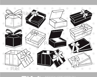 Gift Box SVG Bundle, Present Ribbon Bow Silhouette Clipart, Holiday File