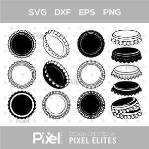 May include: A collection of black and white bottle cap designs in vector format. The image features the text "SVG DXF EPS PNG" and "DESIGN CREATED BY PIXEL ELITES".