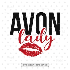 Könnte beinhalten: Ein Grafikdesign mit dem Wort AVON in fetten schwarzen Großbuchstaben, darunter das Wort lady in einer roten Schreibschrift und ein rotes Kussmund-Motiv am unteren Rand, alles auf einem weißen Hintergrund mit hellgrauen Punkten.