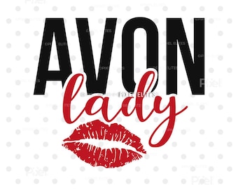 May include: A graphic design featuring the word AVON in bold black capital letters, with the word lady written below in a red script font, and a red lipstick kiss mark graphic positioned at the bottom, all on a white background with light gray dots.