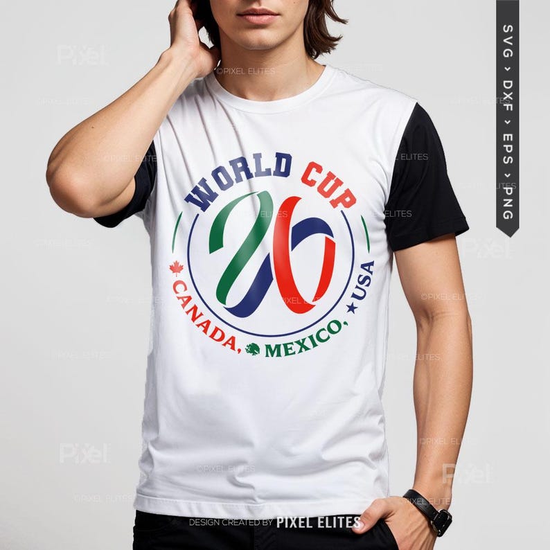 May include: White t-shirt with black sleeves featuring a colorful World Cup 26 logo. The logo includes the text "World Cup" and the numbers "26" in green, blue, and red, along with the text "Canada, Mexico, USA."