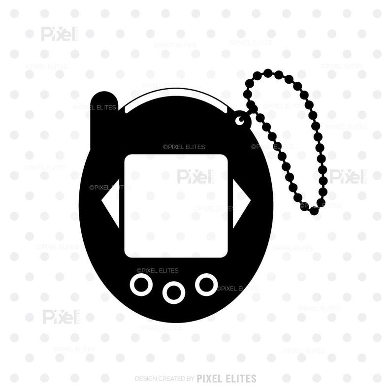 May include: Black and white illustration of a retro handheld digital pet game. The device has a screen, control buttons, and a chain for attaching to a keychain. The design is a simple, graphic style.