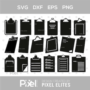 May include: A collection of eighteen black silhouette icons depicting various clipboard designs. The set includes clipboards with blank surfaces, lined paper, checklists with checkmarks, and different clip styles, all arranged in a grid format.