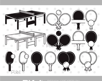 May include: A digital graphic set featuring black and white vector illustrations of table tennis equipment, including ping pong tables, paddles, and balls. The text SVG, DXF, EPS, PNG, and PIXEL ELITES is visible at the top and bottom of the image.