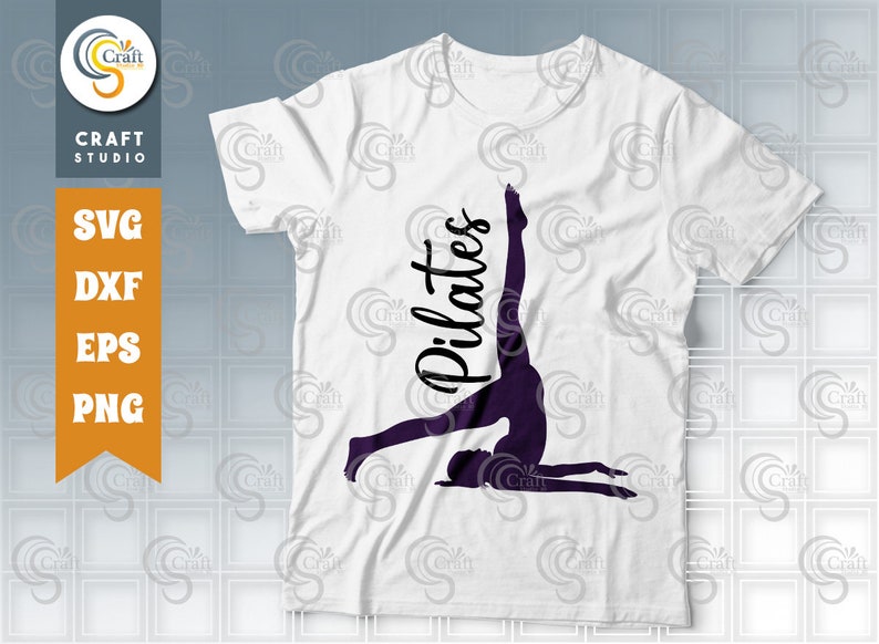 May include: White t-shirt with a black silhouette of a person doing a pilates pose and the word "Pilates" in black text.