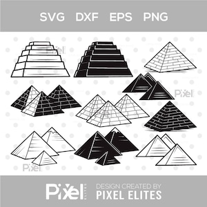 Puede incluir: Un conjunto de 10 ilustraciones de siluetas de pirámides en blanco y negro. Las pirámides son de varios tamaños y orientaciones. Las ilustraciones son perfectas para proyectos de manualidades, scrapbooking o diseño digital.
