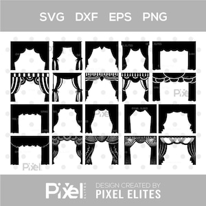 Könnte beinhalten: Eine Sammlung von zwanzig schwarzen Silhouetten-Symbolen, die verschiedene Bühnenvorhangstile darstellen, einschließlich drapierter, mit Volants versehener und zurückgebundener Designs. Das Grafikset ist in einem Rasterformat mit dem Text SVG, DXF, EPS, PNG oben angeordnet.