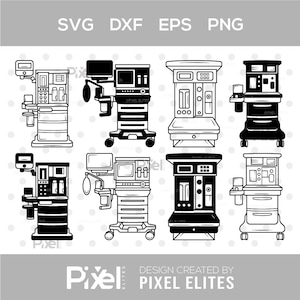 Puede incluir: Ilustraciones vectoriales en blanco y negro de equipos médicos, incluidas máquinas de anestesia. La imagen incluye el texto "SVG DXF EPS PNG" y "DESIGN CREATED BY PIXEL ELITES".