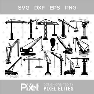 Peut inclure: Illustrations vectorielles en noir et blanc de différentes grues de construction. L'image présente divers modèles de grues, tels que des grues à tour et des grues mobiles. Le texte en haut indique "SVG DXF EPS PNG". Le texte en bas indique "DESIGN CREATED BY PIXEL ELITES".
