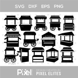 Op de afbeelding: Een verzameling zwart-wit illustraties van marktkramen en karren. De afbeelding bevat verschillende ontwerpen, sommige met wielen, luifels en het woord "STORE". Bestandsformaten zijn SVG, DXF, EPS en PNG. Het ontwerp is gemaakt door Pixel Elites.