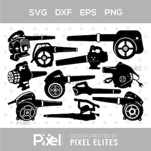 Peut inclure: Illustrations de silhouettes noires de différents souffleurs de feuilles. L'image comprend le texte "SVG DXF EPS PNG" en haut et "DESIGN CREATED BY PIXEL ELITES" en bas. Les souffleurs de feuilles sont de différents styles et tailles.