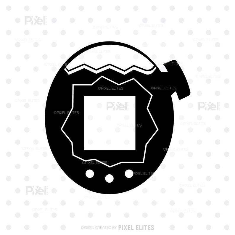 May include: Black and white graphic of a retro handheld game console. The design features a cracked egg shape with a square screen and a series of buttons. The overall aesthetic is minimalist and nostalgic.