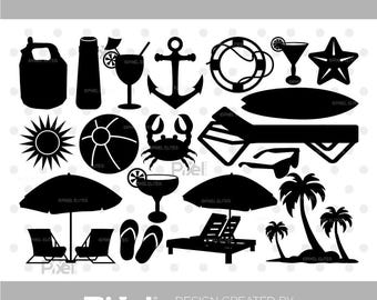 Beach SVG Bundle, Summer Clipart, Beach Silhouette PNG Dxf EPS, Palm Tree Umbrella Cut Files