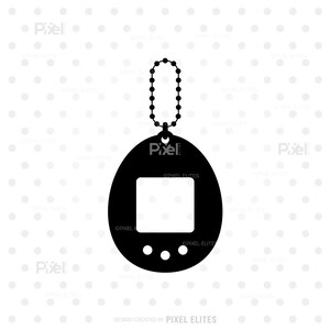 May include: Black silhouette of a classic handheld digital pet game. The device has an oval shape with a rectangular screen and three buttons below. A chain is attached at the top for carrying. The design is simple and iconic.