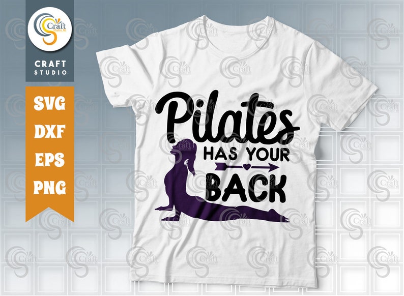 May include: White t-shirt with black text that reads "Pilates has your back". A purple silhouette of a person doing a pilates pose is below the text.