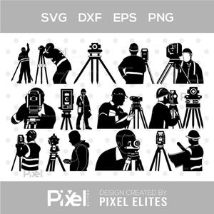 May include: Black and white vector illustrations of surveyors and their equipment. The image includes various figures using surveying instruments like theodolites and levels, along with the text "SVG DXF EPS PNG" and "DESIGN CREATED BY PIXEL ELITES".