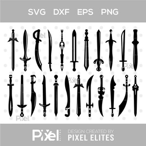 May include: A collection of black sword silhouettes in various designs. The image includes the text "SVG DXF EPS PNG" at the top and "DESIGN CREATED BY PIXEL ELITES" at the bottom.