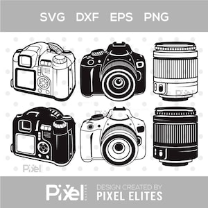 May include: A set of six black and white camera silhouette illustrations. The set includes two different camera designs, one with a lens and one without, and two different lens designs. The illustrations are perfect for crafting projects, scrapbooking, or digital design.