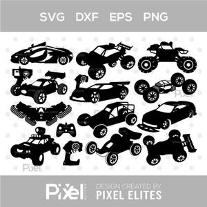 May include: Black and white vector illustrations of various remote-controlled cars, including buggies, race cars, and trucks. The image includes the text "SVG DXF EPS PNG" and "DESIGN CREATED BY PIXEL ELITES".