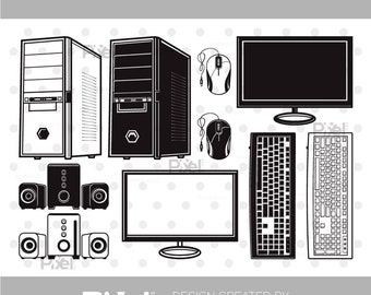 Conjunto de computadora SVG, archivo de corte, silueta y contorno, paquete SVG de computadora de escritorio con CPU, teclado y mouse / DXF, EPS, PNG