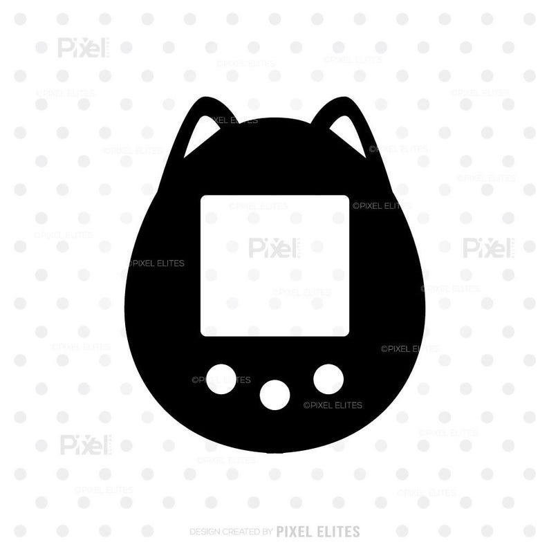 May include: Black silhouette of a retro handheld digital pet game. The device has a rectangular screen, three buttons, and two antenna-like features at the top. The background is white with a pattern of small gray dots.