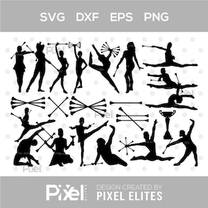 May include: Black and white SVG, DXF, EPS, and PNG digital files featuring silhouettes of baton twirlers in various poses. The image includes text that reads "SVG DXF EPS PNG" and "DESIGN CREATED BY PIXEL ELITES".