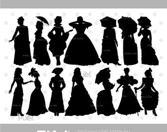 May include: Black silhouette illustrations of women in Victorian era dresses and gowns. The image includes the text "SVG DXF EPS PNG" and "DESIGN CREATED BY PIXEL ELITES". The figures are in various poses, some holding parasols.