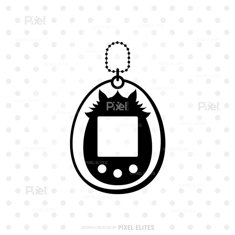 May include: Black and white graphic of a Tamagotchi virtual pet. The egg-shaped device has a screen, three buttons, and a chain for attaching to a keychain. The top of the device has a decorative design. The text "Pixel" is visible.