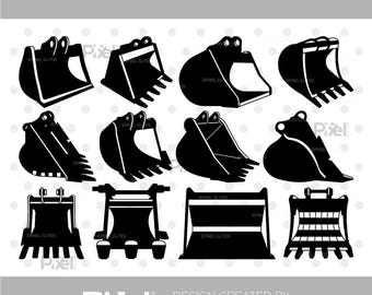 Paquete de archivos de corte SVG de cucharón de excavadora, cucharón de excavadora de alta resistencia, silueta de cucharón con púas para roca, construcción / Dxf, Eps, Png