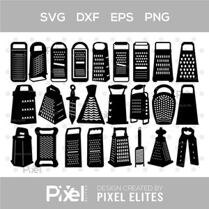 May include: A collection of black silhouette images of various kitchen graters, including box graters, flat graters, and specialty graters. The image also includes the text "SVG DXF EPS PNG" and "DESIGN CREATED BY PIXEL ELITES".