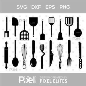 May include: Black and white graphic of various kitchen utensils, including spatulas, whisks, spoons, and knives. The image also includes the text "SVG DXF EPS PNG" and "DESIGN CREATED BY PIXEL ELITES."