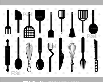 Kitchen Utensil SVG Bundle, Kitchen Silhouette Cut File, Spatula Spoon Fork Knife, Cutlery Cooking Cricut, Digital Download
