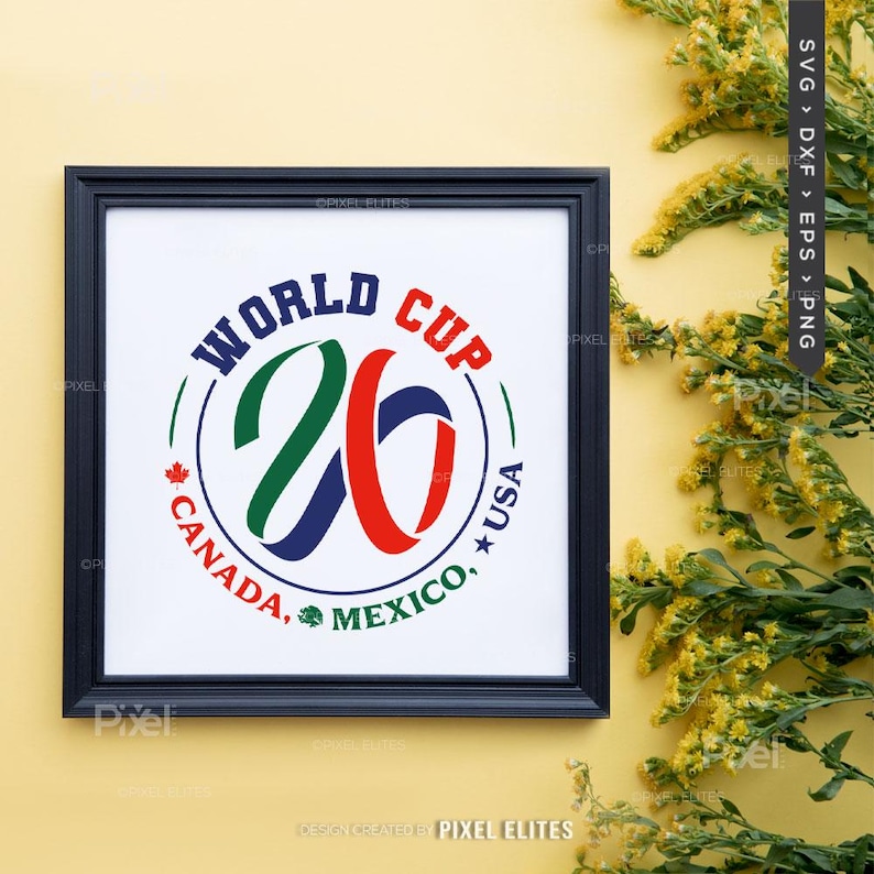 May include: Framed print featuring the words "World Cup 26" in a circular design. The design includes the text "Canada, Mexico, USA" and a maple leaf, with the number 26 in green and red. The frame is black.