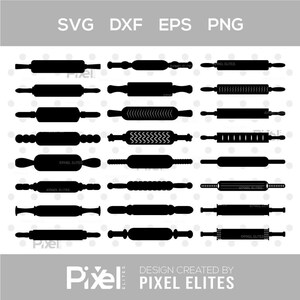 Pode incluir: Uma coleção de designs de rolos de massa pretos em vários estilos, incluindo superfícies lisas, estampadas e texturizadas. A imagem inclui o texto "SVG DXF EPS PNG" e "DESIGN CREATED BY PIXEL ELITES".