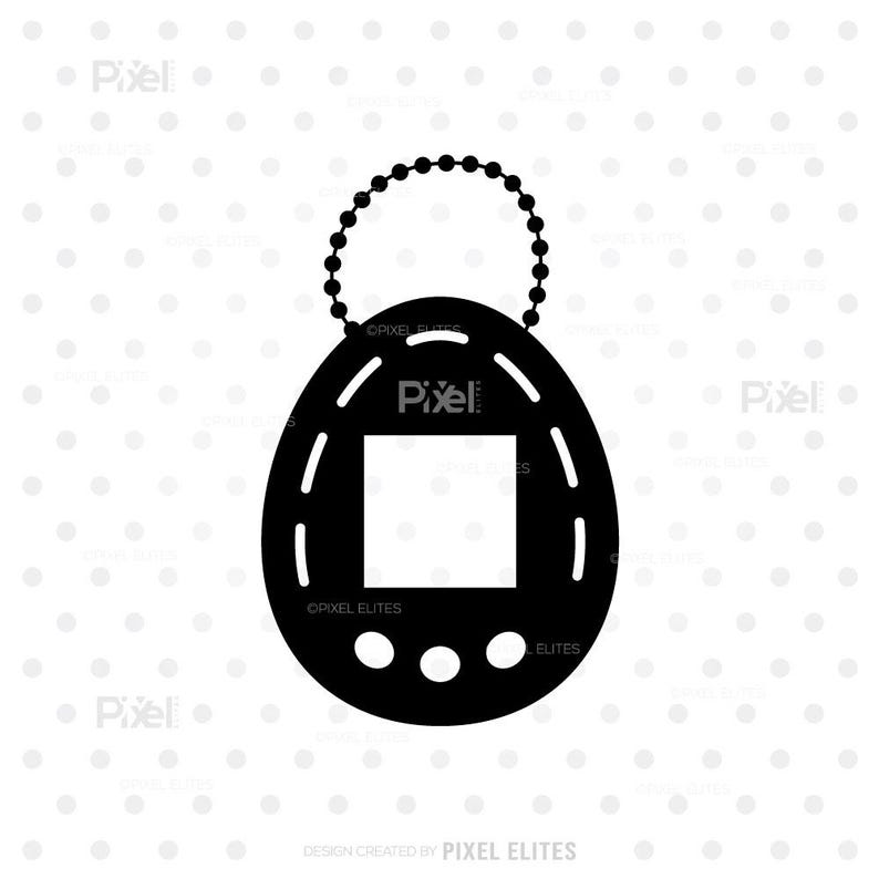 May include: Black silhouette of a retro handheld digital pet game. The egg-shaped device features a square screen, three buttons, and a beaded chain for attachment. The design includes dashed lines and the text "Pixel Elites".