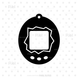 May include: Black and white graphic of a retro handheld virtual pet device. The design features a rounded oval shape with a central square screen and three circular buttons below. A small loop is at the top for attachment.