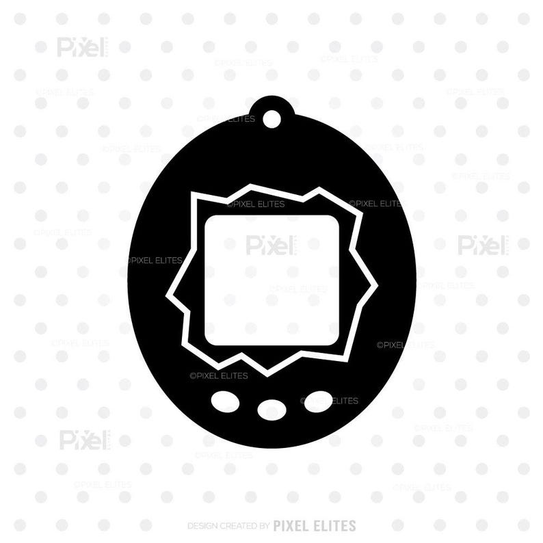 May include: Black and white graphic of a retro handheld virtual pet device. The design features a rounded oval shape with a central square screen and three circular buttons below. A small loop is at the top for attachment.