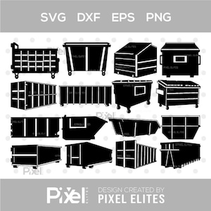 Puede incluir: Una colección de siluetas negras de contenedores de basura de varias formas y tamaños, adecuadas para proyectos de diseño digital. Incluye el texto "SVG DXF EPS PNG" y "Pixel Elites".