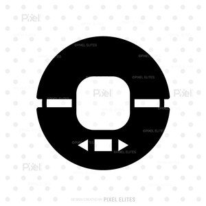 May include: Black and white graphic of a circular design with a square in the center and arrows pointing left and right. The design has a modern, minimalist aesthetic, suitable for digital or print applications.