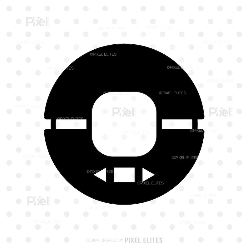 May include: Black and white graphic of a circular design with a square in the center and arrows pointing left and right. The design has a modern, minimalist aesthetic, suitable for digital or print applications.