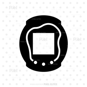 May include: Black and white graphic of a retro handheld digital pet game. The device has a rounded shape with a square screen and three buttons at the bottom. A white outline surrounds the screen.