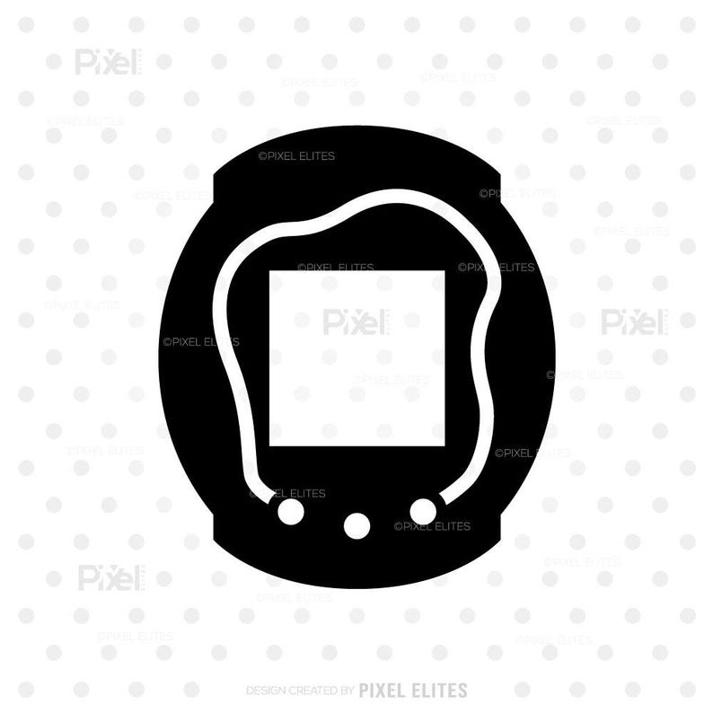May include: Black and white graphic of a retro handheld digital pet game. The device has a rounded shape with a square screen and three buttons at the bottom. A white outline surrounds the screen.