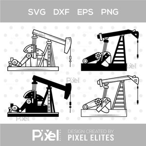 May include: Four black and white illustrations of oil derricks, also known as pump jacks, used to extract oil from the ground. The illustrations are in a simple, line art style.